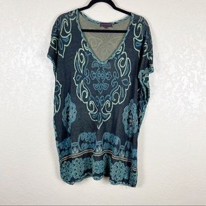 Hale Bob green boho printed mini sweater dress tunic